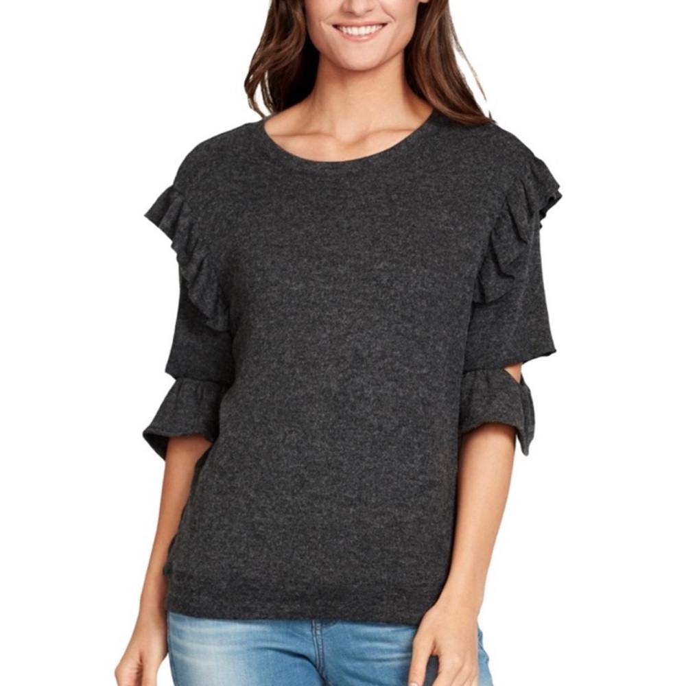 William Rast Ruffle Cut Out Sleeve Thick Knit Top S Dark Gray Whimsigoth Moto